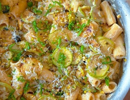 overhead shot of courgette lemon ricotta rigatoni pasta