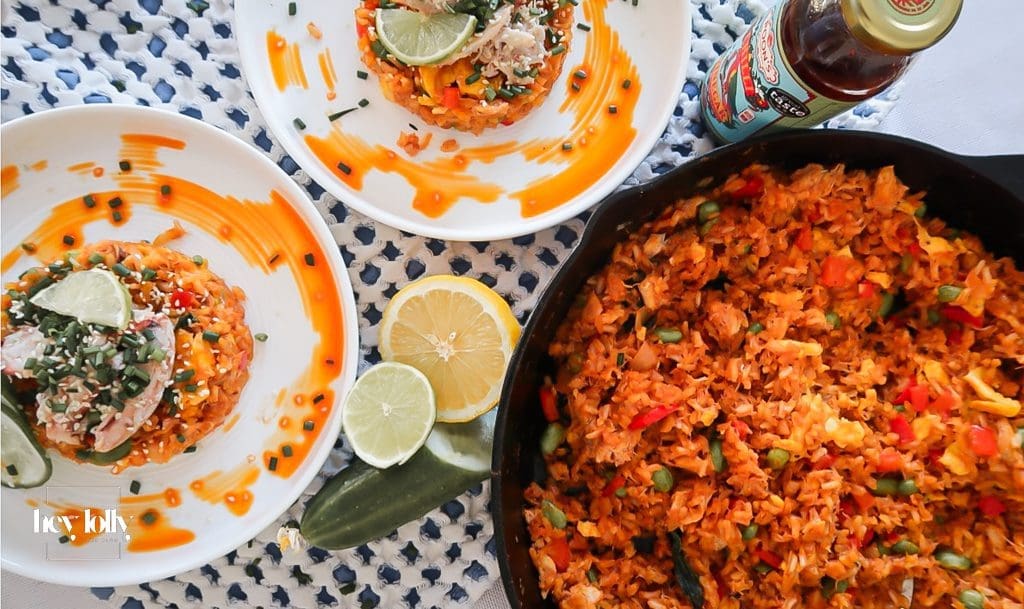 Finished Korean Crab Fried Rice with toasted sesame oil and lime squeeze.