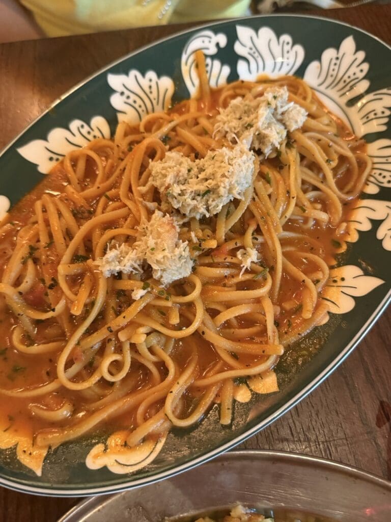 close up shot of the crab tagliatelle at la bellezza resturant birmingham