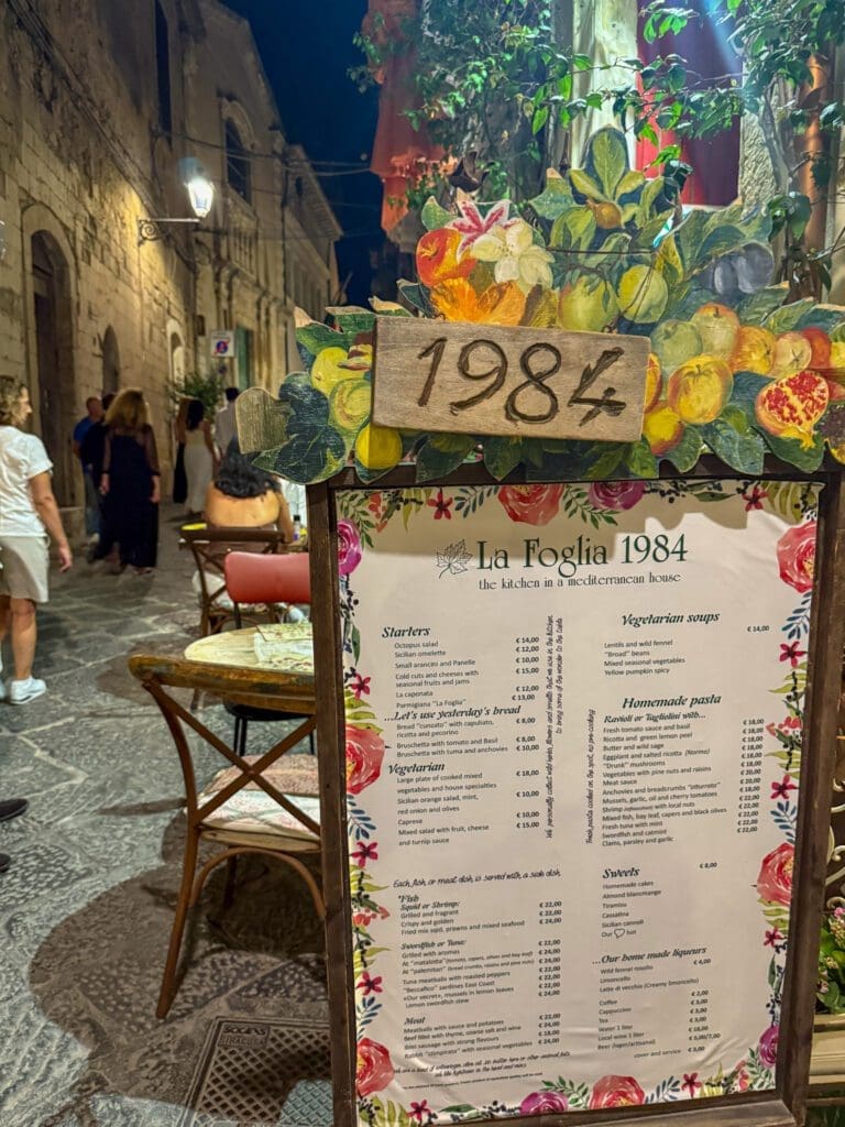 street scene menu at La Foglia — where to eat in Ortigia for traditional Sicilian cooking