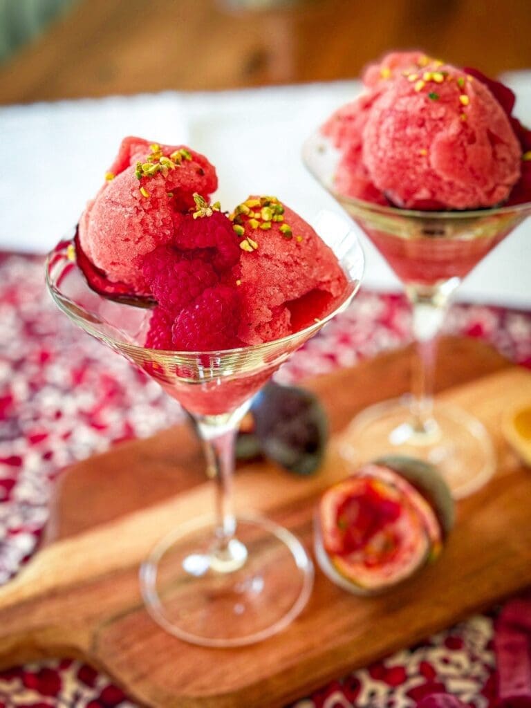Close-up of no-churn nectarine and passion fruit sorbet