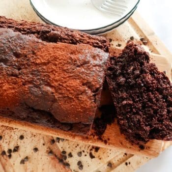 overhead shot of sliced chocolat courgette cake