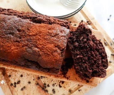 overhead shot of sliced chocolat courgette cake