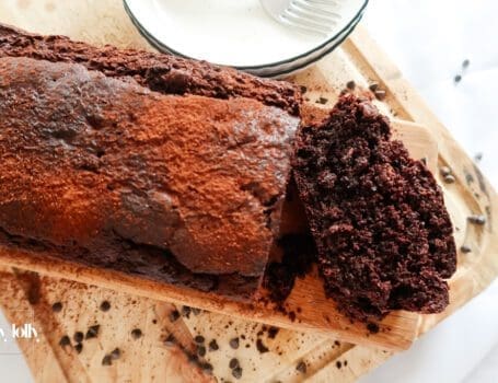 overhead shot of sliced chocolat courgette cake