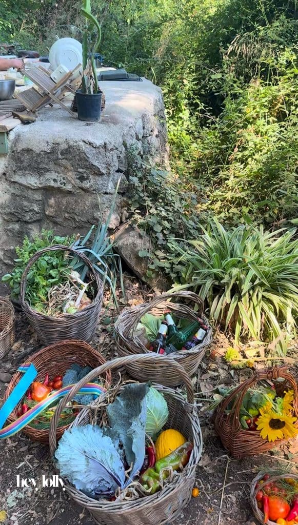 Baskets filled with fruit and vegetables gathered for the garden-to-table cooking class in Sicily.