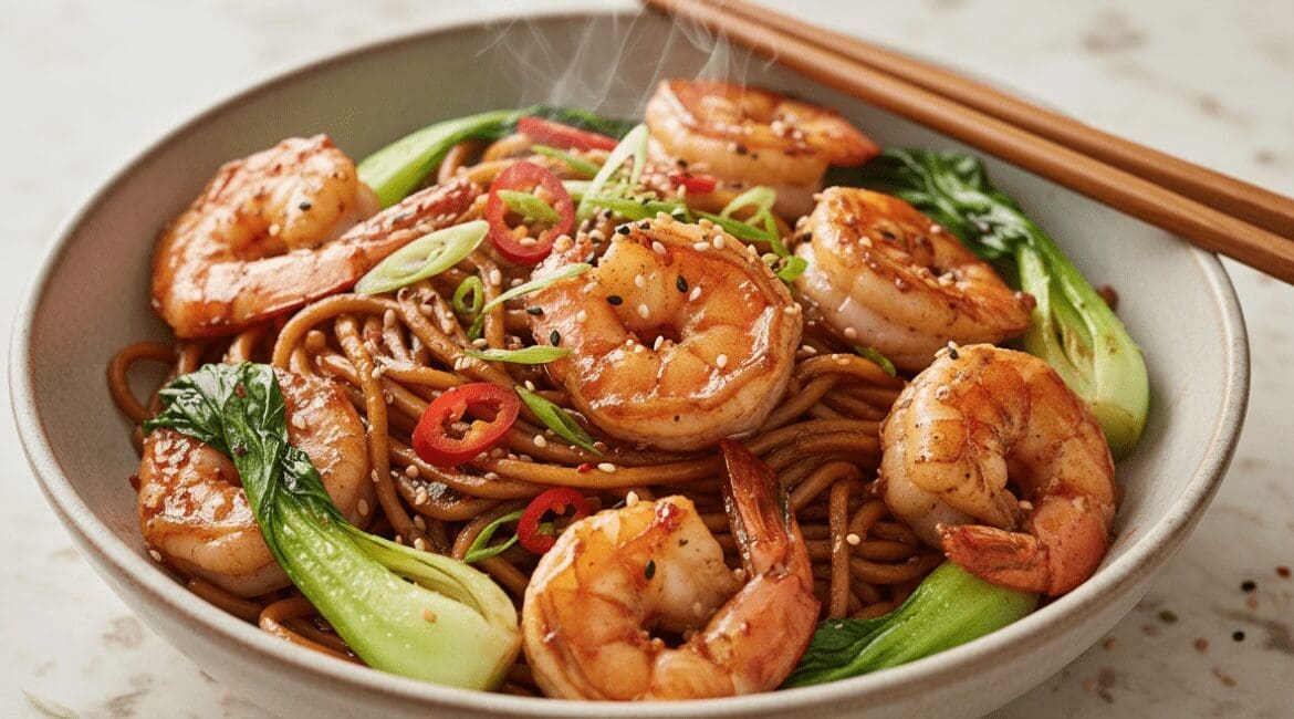 sticky sichuan chilli prawns