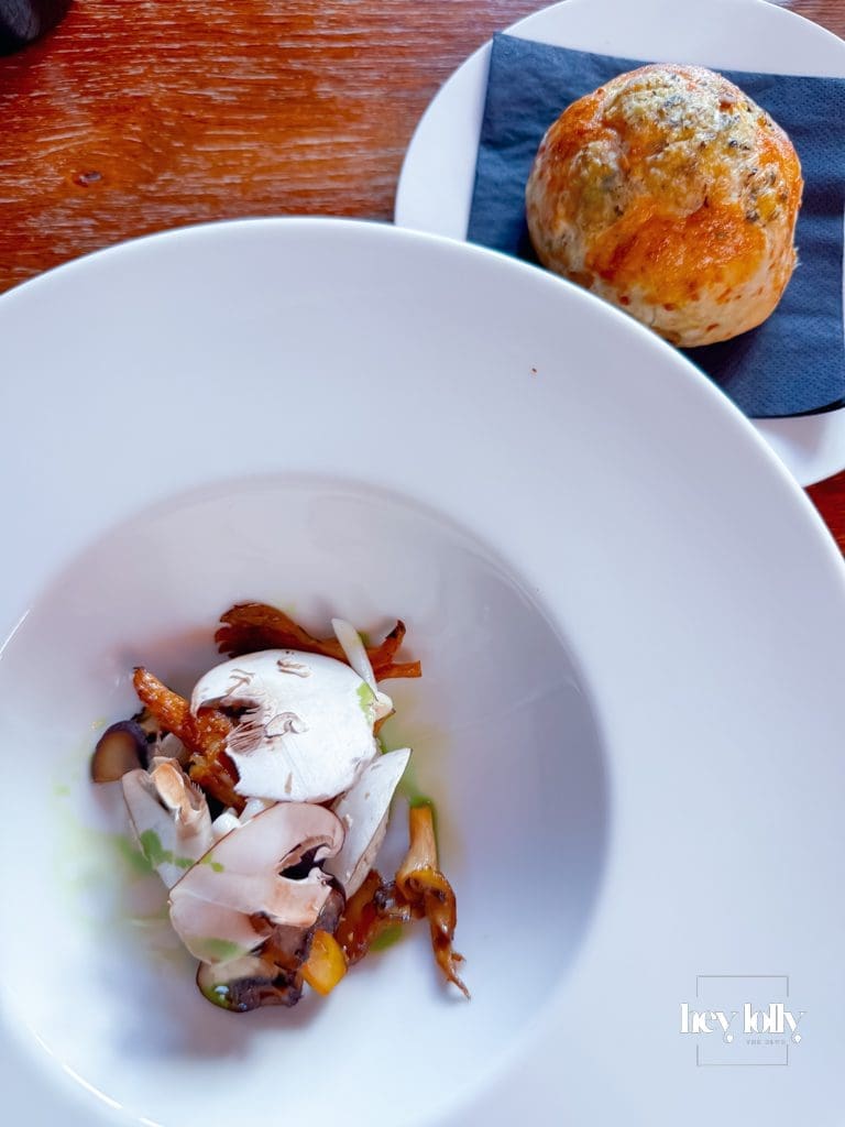 Mushroom parfait with pickled mushrooms, roasted shallots, and blue cheese scone — standout Sunday lunch Nottingham starter.