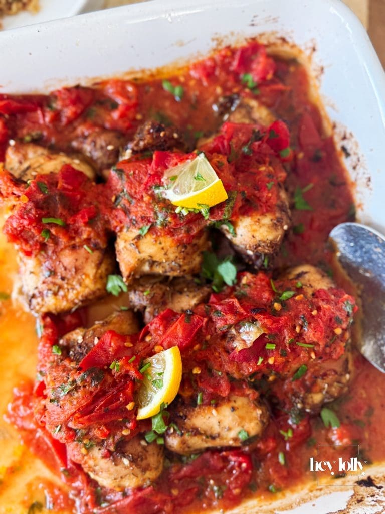Crispy Za’atar Chicken Thighs topped with roasted tomato and anchovy salsa