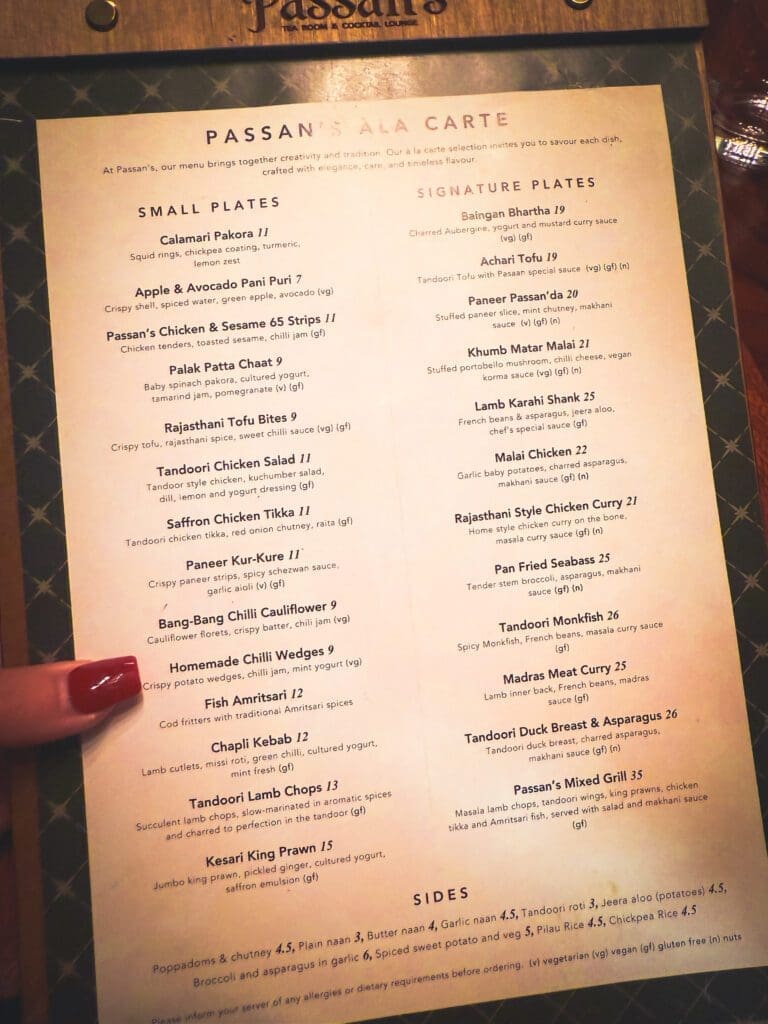 the menu at passans nottingham