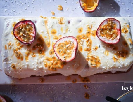 overhead shot of passion fruit yoghurt loaf