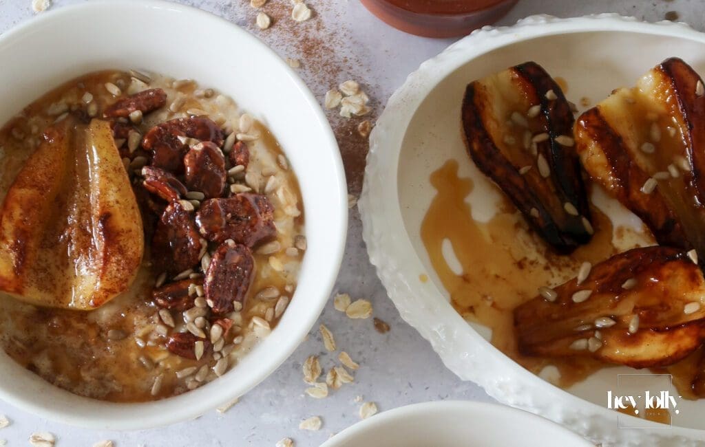 overhead shot of maple pecan porridge with miso swirl