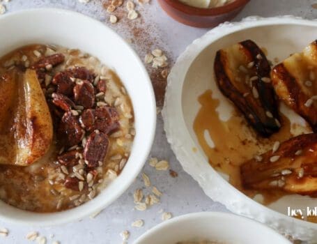 overhead shot of maple pecan porridge with miso swirl