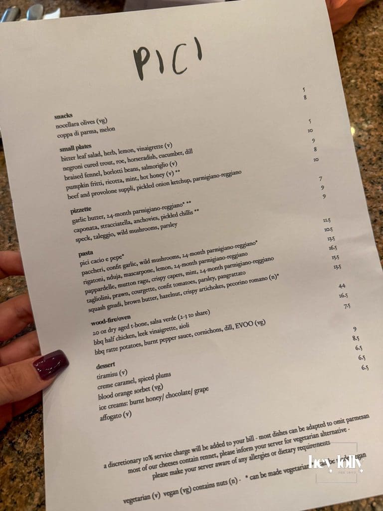 Menu close-up highlighting dishes – Pici Nottingham review