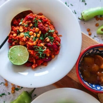 overhead shot of chicken and kidney bean keema