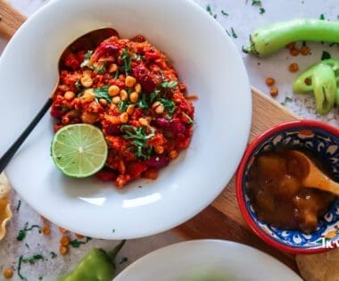 overhead shot of chicken and kidney bean keema