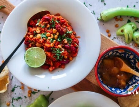 overhead shot of chicken and kidney bean keema