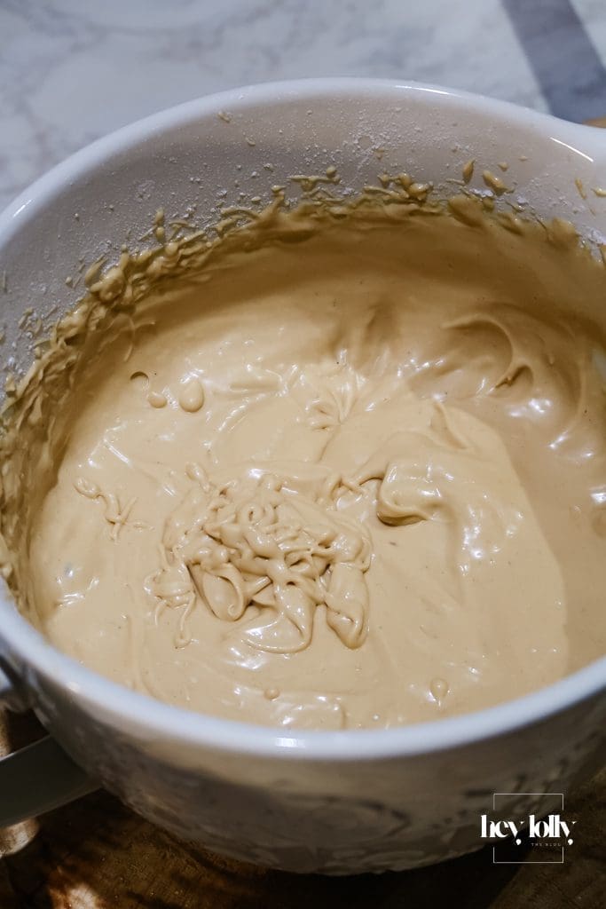 Burnt-butter caramel cooled to thick, pourable stage; Pumpkin, Maple & Pecan Muffins frosting prep.