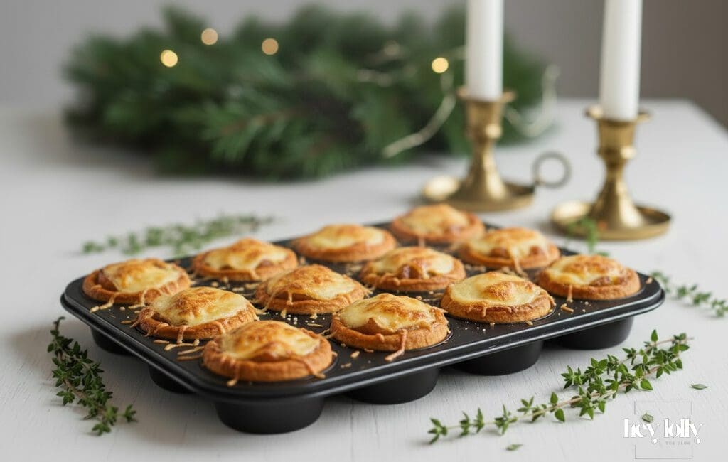 Baked caramelised onion and Gruyère mini tartlets in a muffin tin with golden, melted cheese tops.