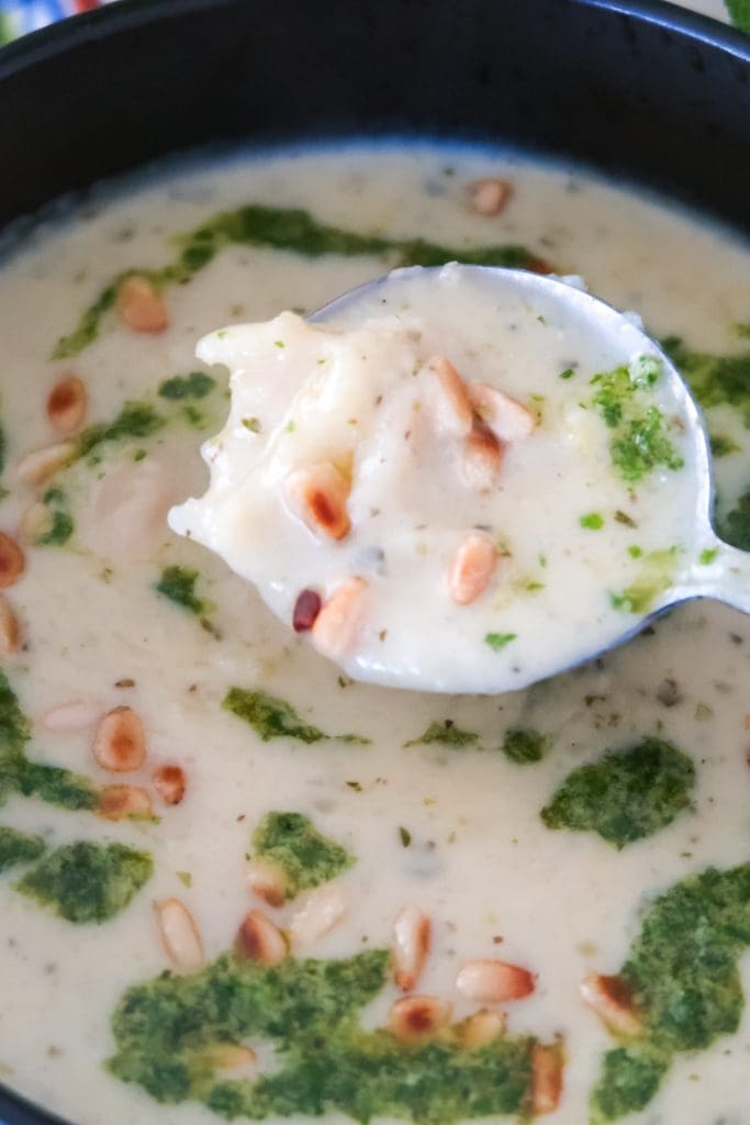 Cauliflower and white bean soup with kale pesto, creamy flexitarian recipes for winter.