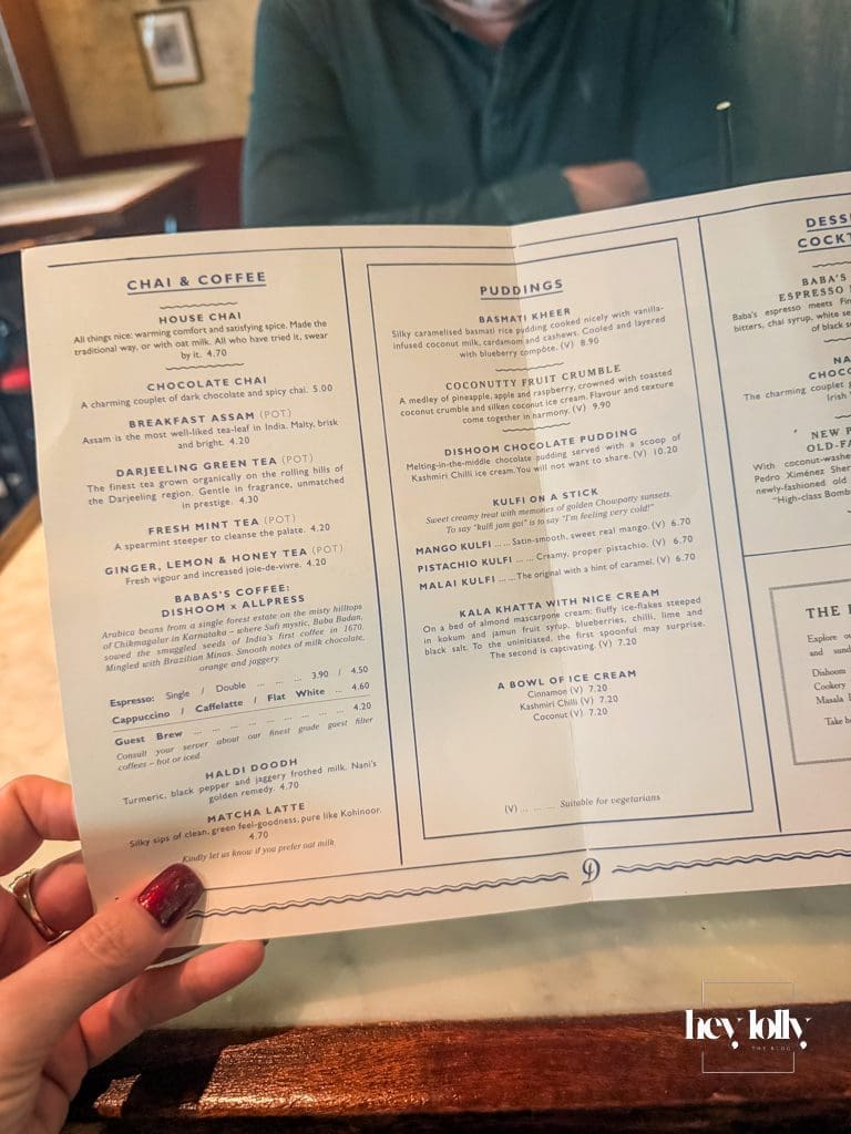 menu choices at Dishoom Shoreditch