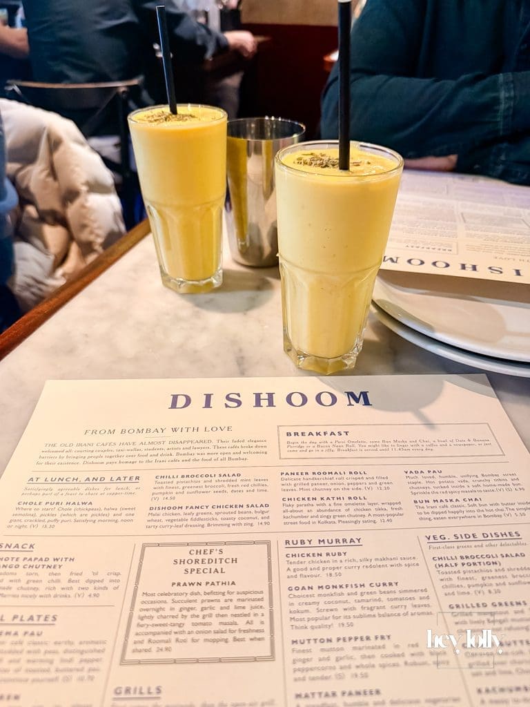 Mango lassi at Dishoom Shoreditch served chilled alongside Indian dishes