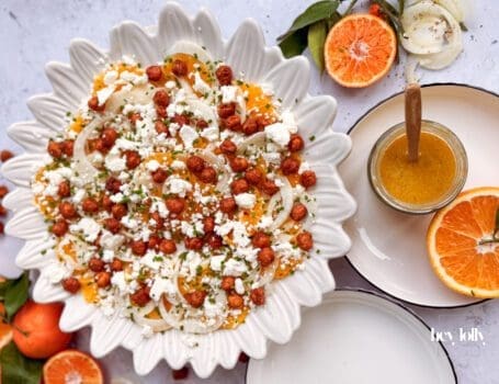 overhead shot of orange, fennal and crispy chickpea salad with feta