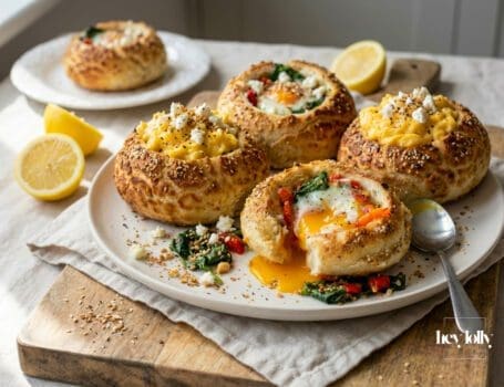 oven baked eggs in tiger buns with spinach feta and dukkah