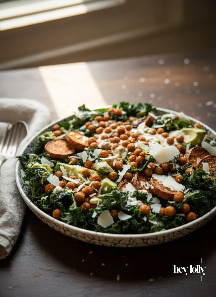 Close-up of roasted sweet potato and kale salad with crispy chickpeas and shaved Parmesan on a plate
