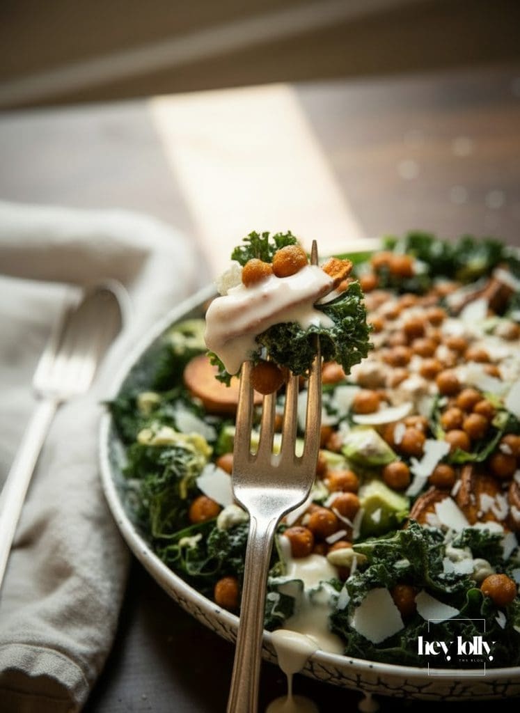 Roasted sweet potato and kale salad with crispy chickpeas, forkful ready to eat, creamy Caesar dressing