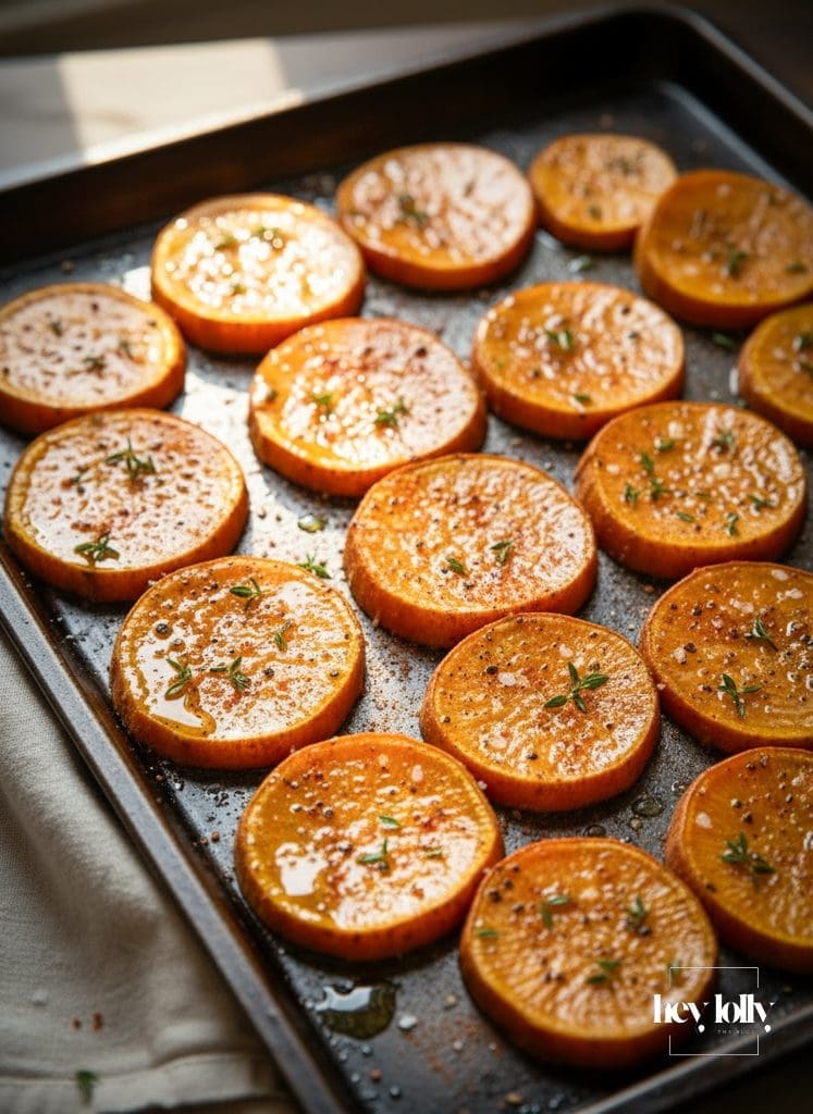 Seasoned sweet potato rounds on a baking tray ready for roasting for roasted sweet potato and kale salad