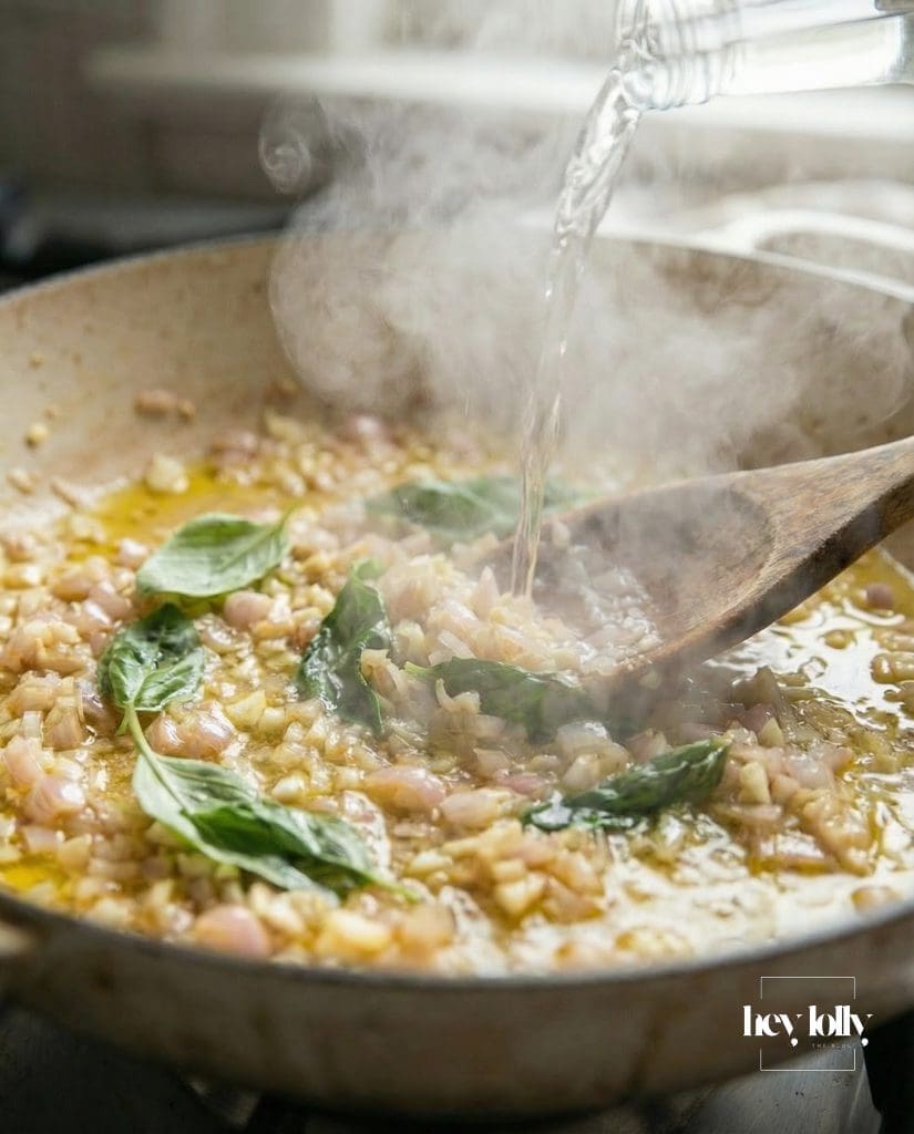 adding vodka to the onions sweating for pasta alla vodka