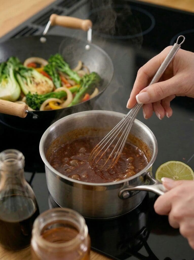 Sticky yuzu gochujang glaze simmering in a saucepan for gochujang cod noodle bowl.