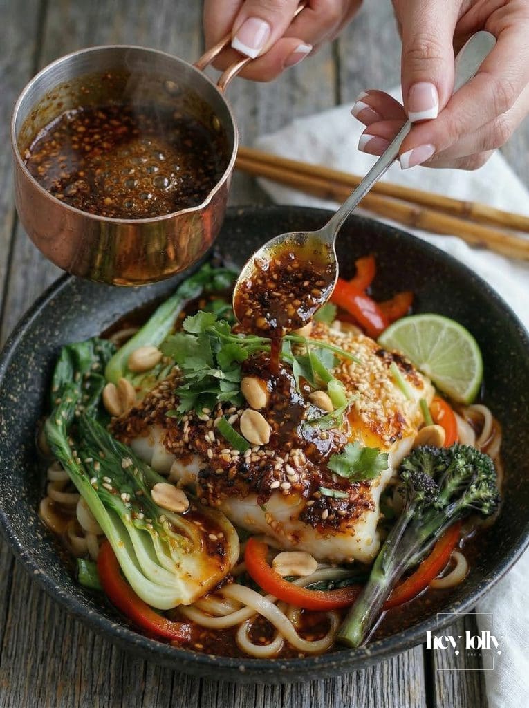 Sticky yuzu gochujang sauce spooned over pan-seared gochujang cod.