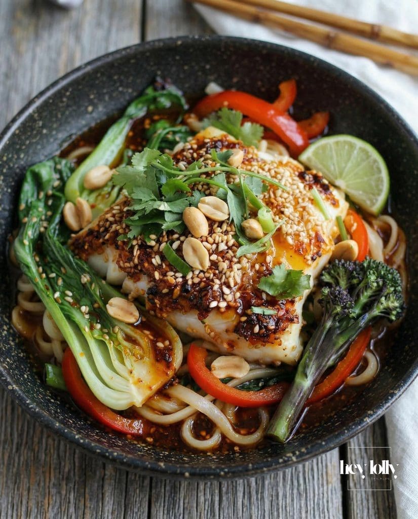 Sticky gochujang cod noodle bowl with rice vermicelli, pak choi, purple sprouting broccoli and peanuts.