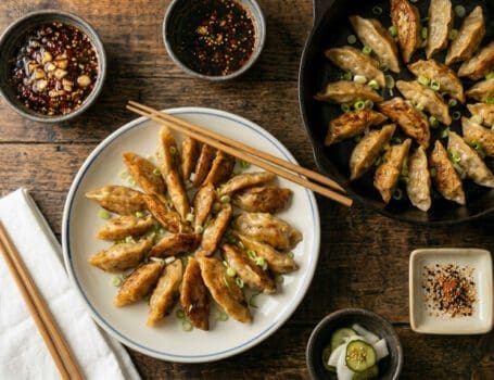 homemade asian potstickers with chilli dippiing sauce