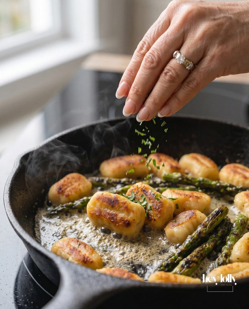 Fresh tarragon sprinkled over crispy gnocchi with lemon butter
