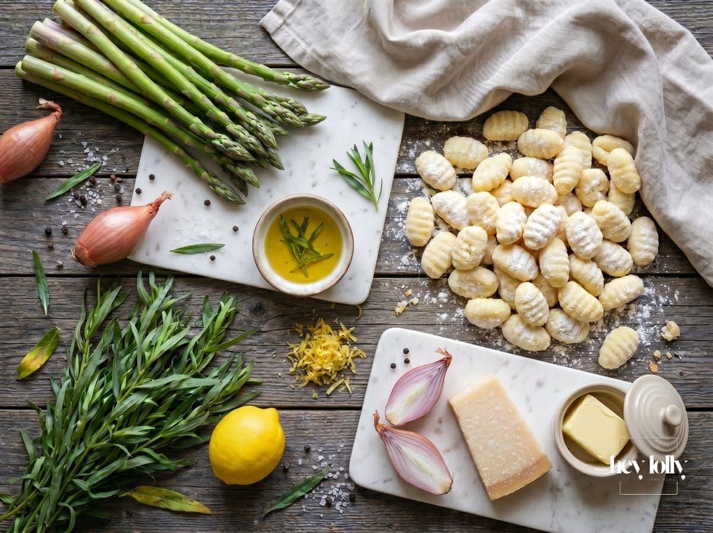 Ingredients for lemon tarragon gnocchi recipe including asparagus, lemon and fresh herbs