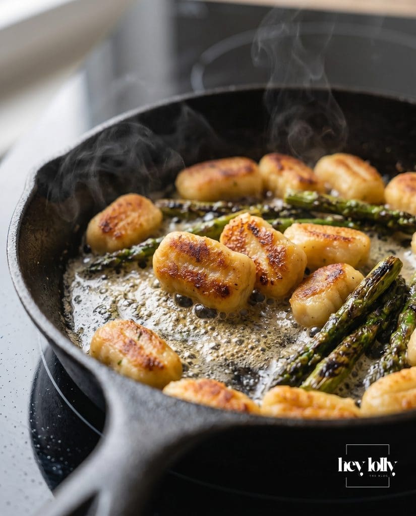 Golden pan-fried gnocchi with charred asparagus cooking in lemon butter