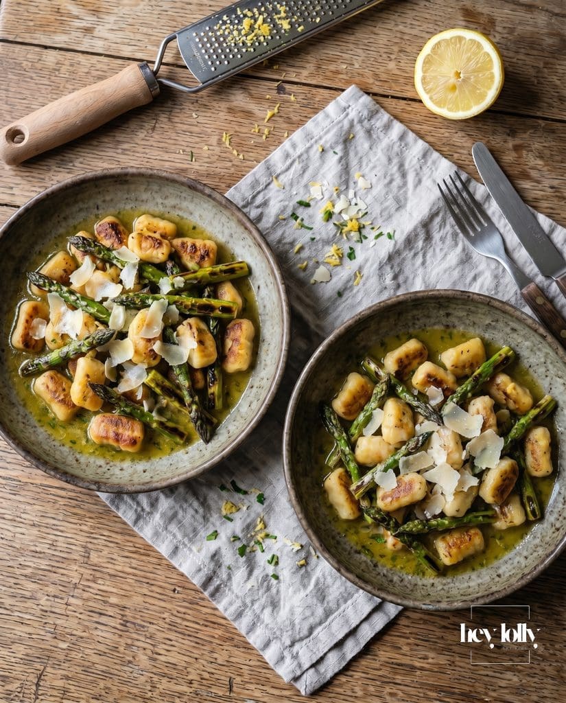 Crispy gnocchi with lemon tarragon butter and charred asparagus in a shallow bowl