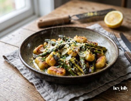 overhead shot Crispy Gnocchi with Lemon Tarragon Butter