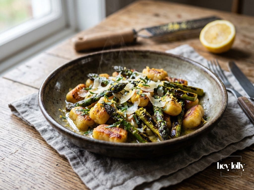 Crispy Gnocchi with Lemon Tarragon Butter and Charred Asparagus