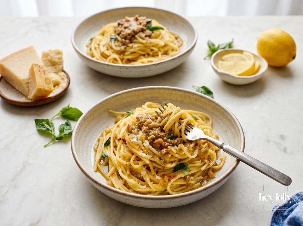 Preserved lemon pasta with roasted walnut pesto, basil and grated parmesan in a ceramic bowl