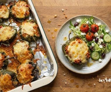 stuffed peppers with spicy rice overhead plated shot