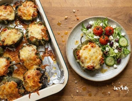 stuffed peppers with spicy rice overhead plated shot