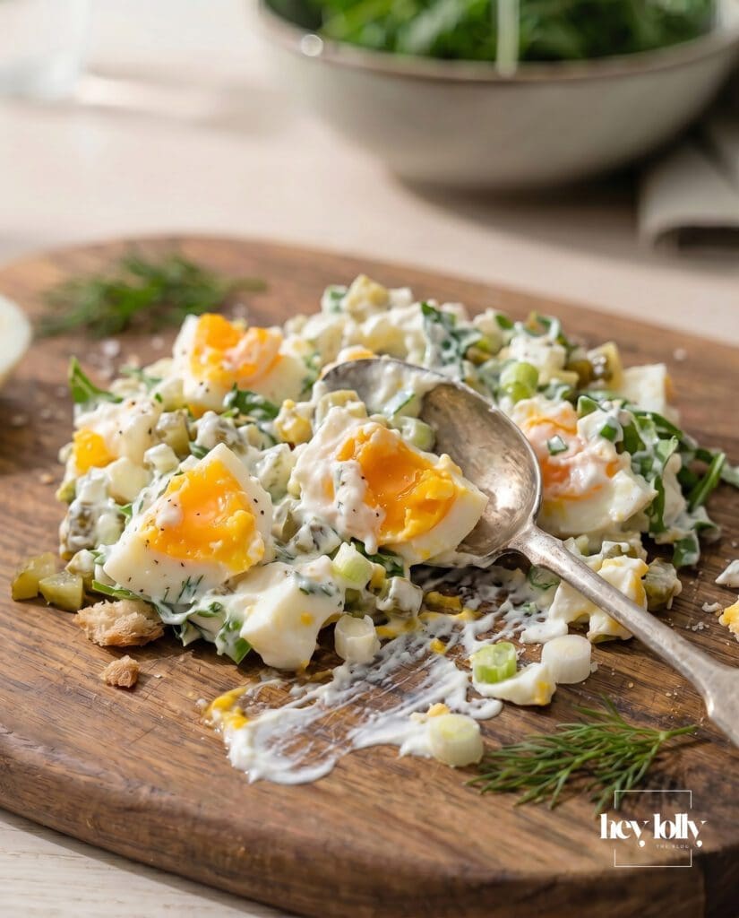 Halved soft-boiled eggs with rocket and chopped spring onions on a wooden board