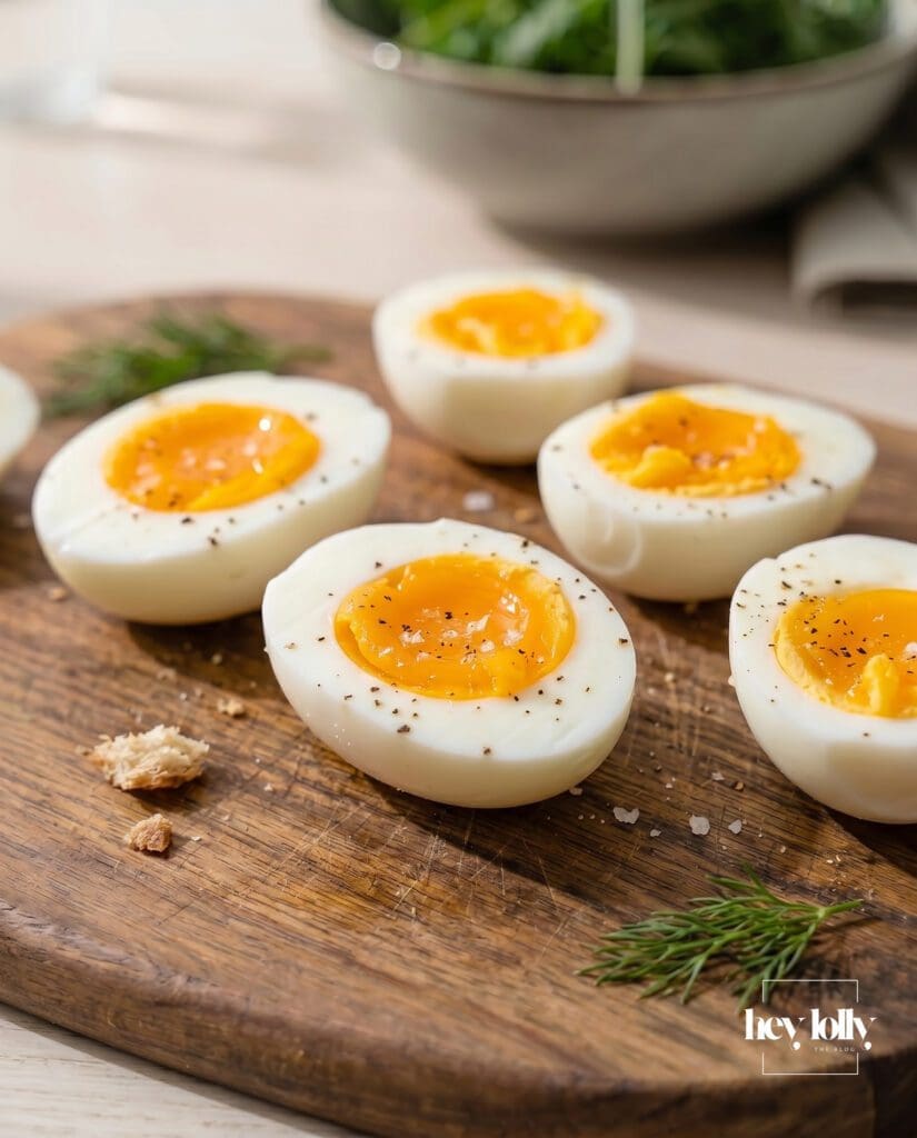 Soft-boiled eggs with golden yolks halved on a wooden chopping board