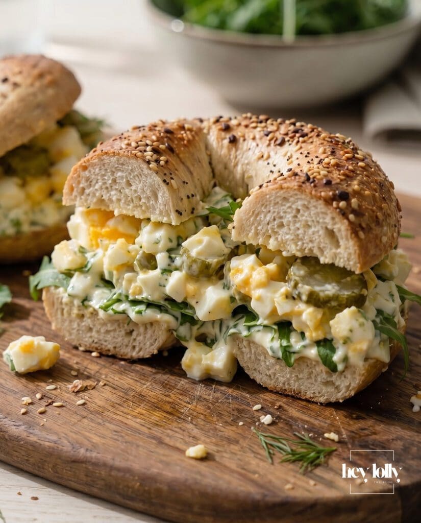 Half a chopped egg salad bagel with creamy filling on a white plate