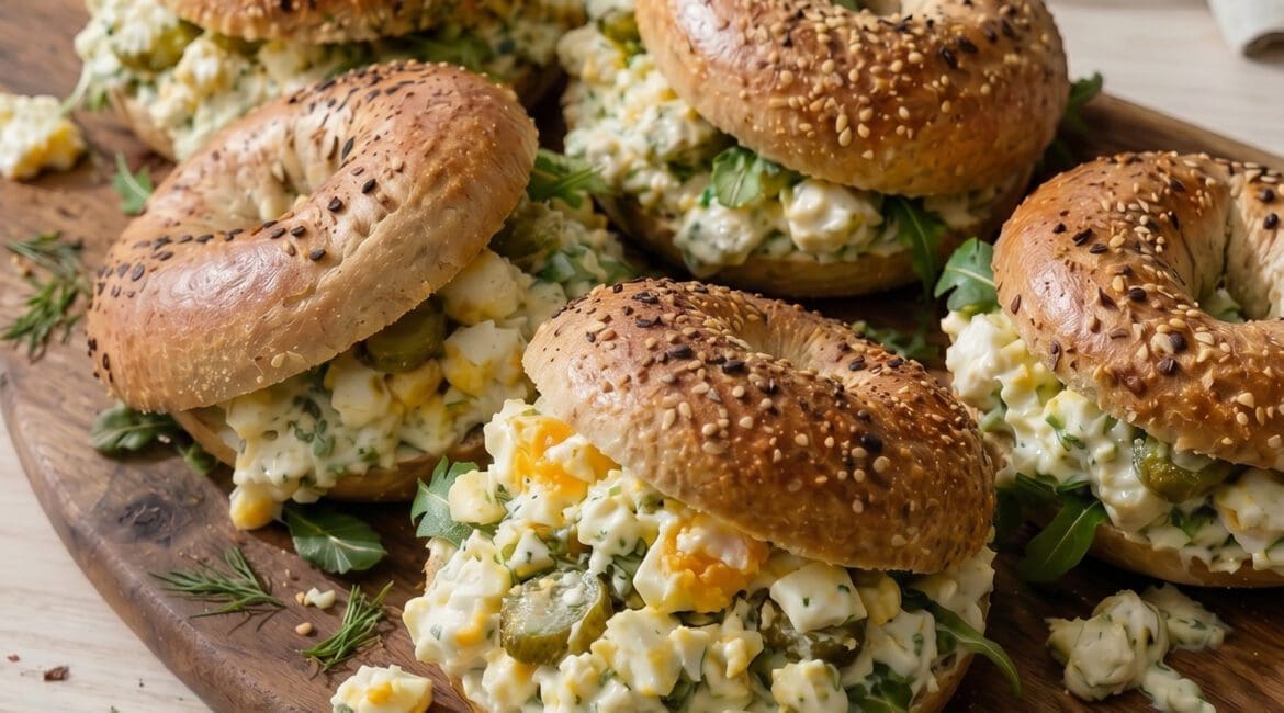 Chopped Egg Salad Bagel with Labneh, Lemon & Dill Pickles