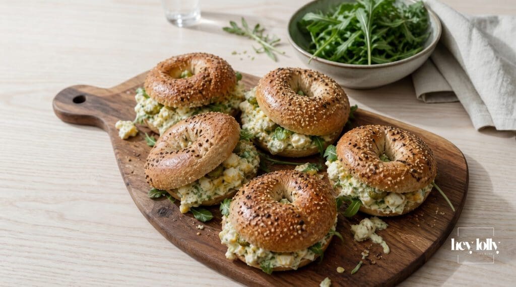 Chopped Egg Salad Bagels with Labneh & Dill Pickles