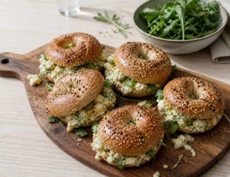 Chopped Egg Salad Bagels with Labneh and Dill Pickles